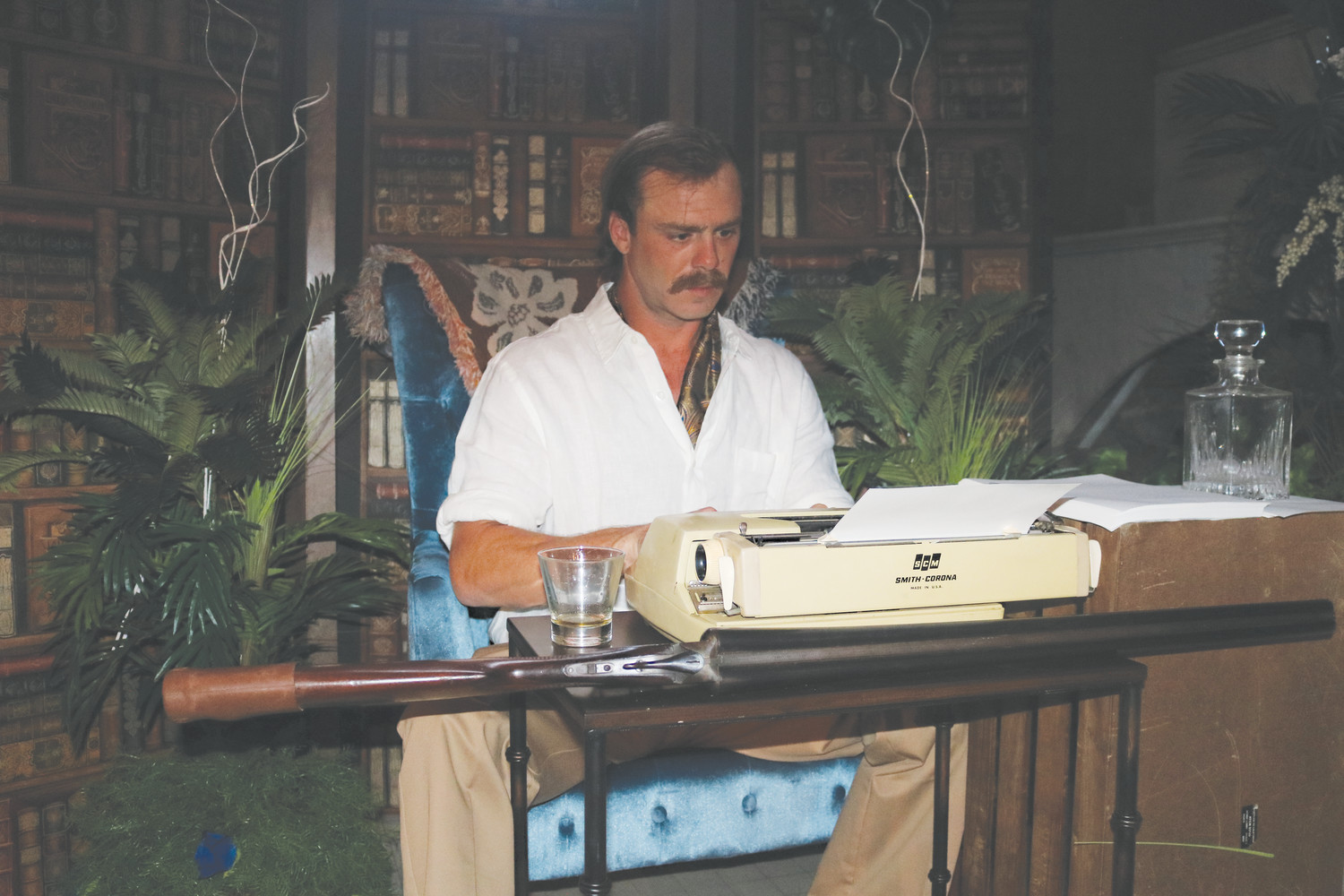 “Ernest Hemingway” works on his next great literary masterpiece.